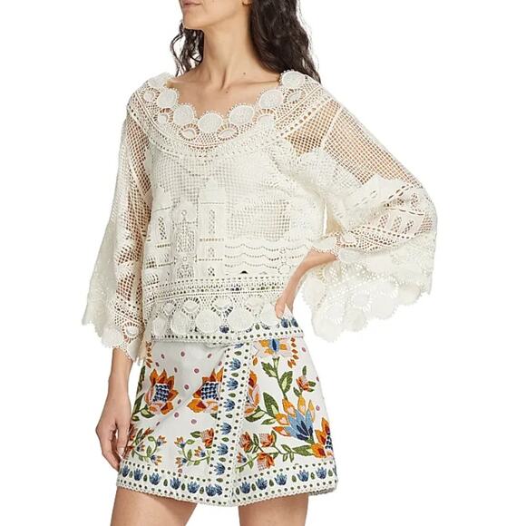 Farm Rio Morada Boa Guipire Blouse White Lace Off-The-Shoulder Sheer Size L - Picture 1 of 8